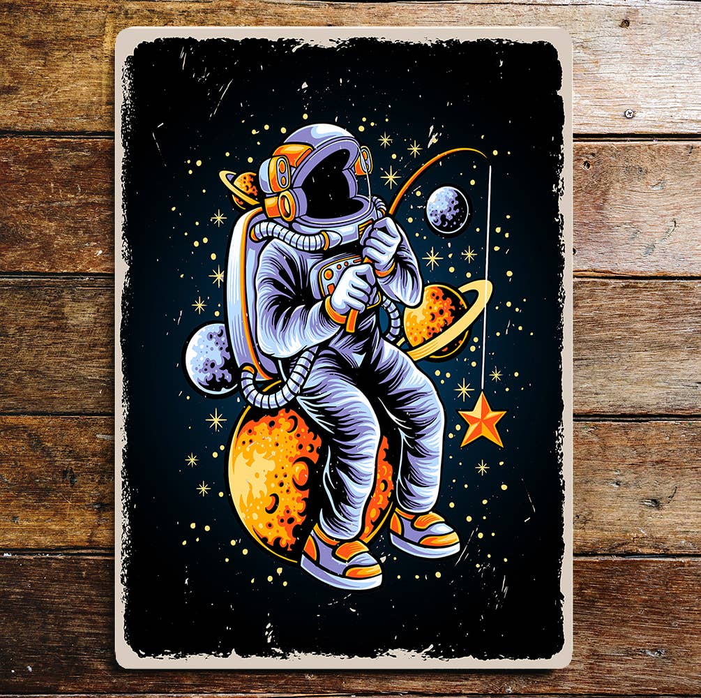 Space Man Fishing Planets Stars Metal Sign Plaque