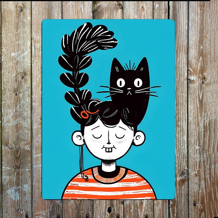 Cartoon Character With Cat On Head Hair | Metal Sign Plaque