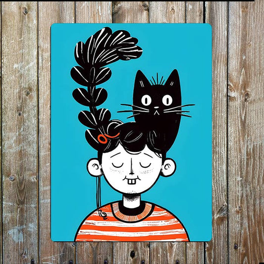 Cartoon Character With Cat On Head Hair | Metal Sign Plaque