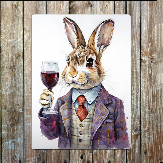 Rabbit In Vintage Clothing Drink Wine Metal Sign Plaque