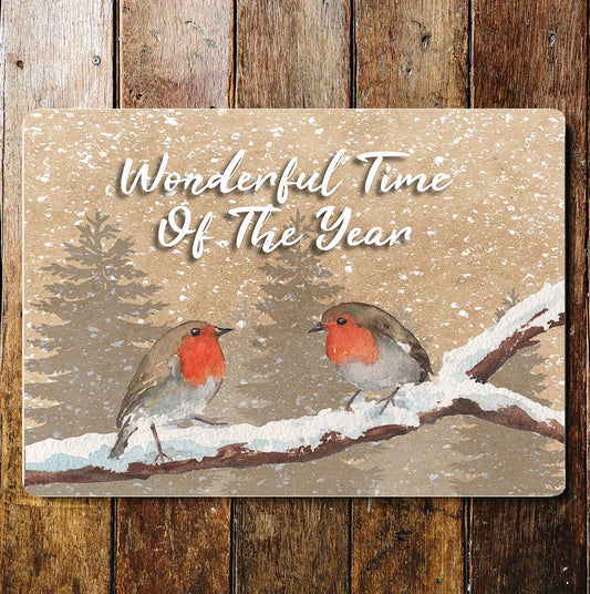 Robins Snow Branch Wonderful Time Year Metal Sign plaque