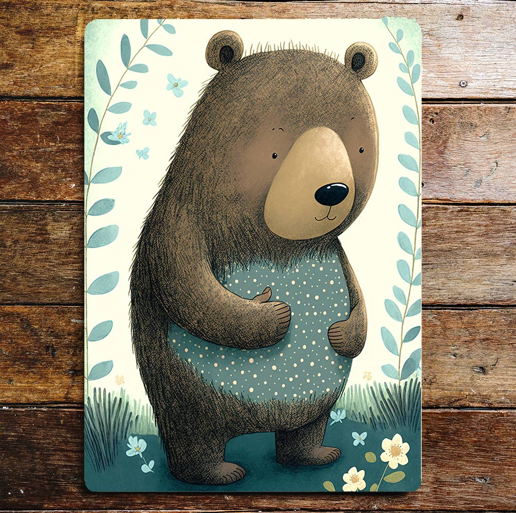 Cute Bear Spotty Belly Flowers Leaves | Metal Sign Plaque