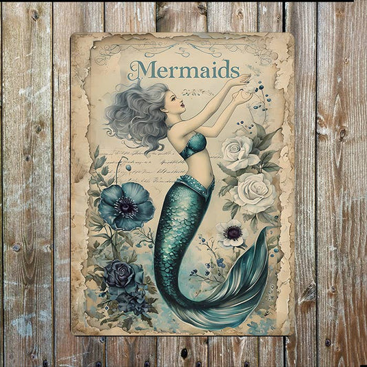 Mermaid Illustration Under Sea Nautical | Metal Sign Plaque