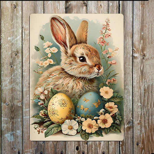 Vintage Easter Rabbit Bunny Colorful Eggs | Metal Sign Plaque