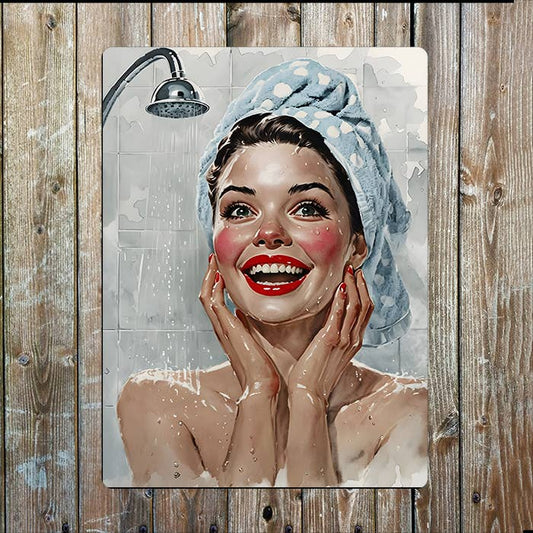 Women In Shower Cap Bathroom Vintage Retro | Metal Sign Plaque