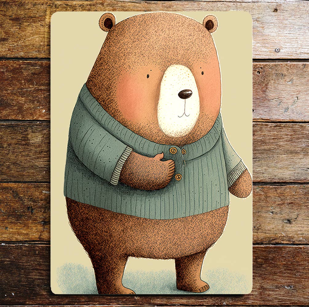 Cute Chubby Bear Blue Cardigan | Metal Sign Plaque