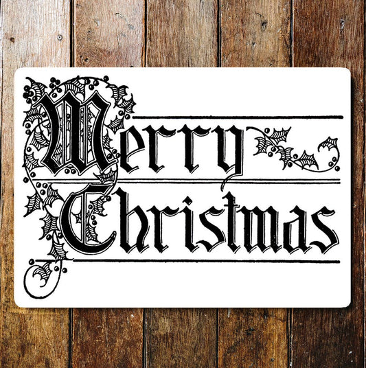 Merry Christmas Holly Black & White | Metal Sign Plaque