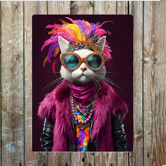 Cat in Vibrant Extravagant Attire Clothes | Metal Sign Plaque