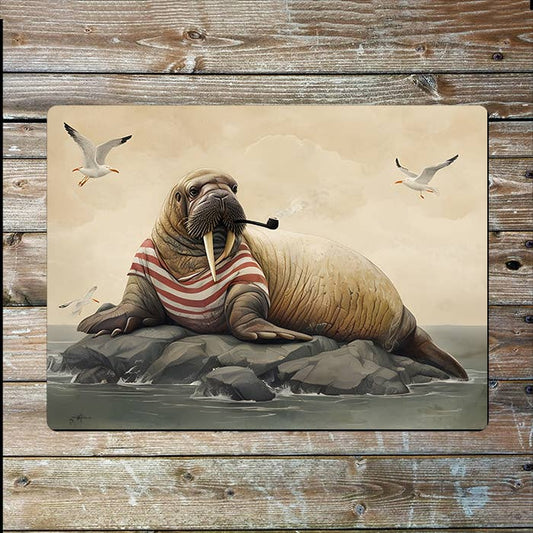 Walrus Wearing Striped Shirt Coast Sea | Metal Sign Plaque