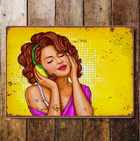 pop art headphones music Metal Wall Sign