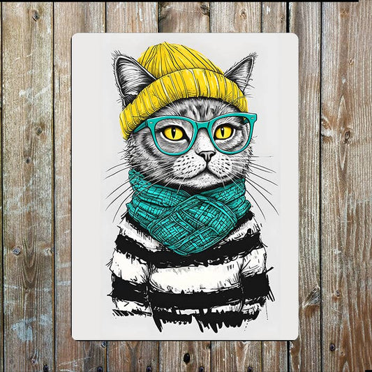 Cat Wearing Hat Scarf Sailor Nautical | Metal Sign Plaque