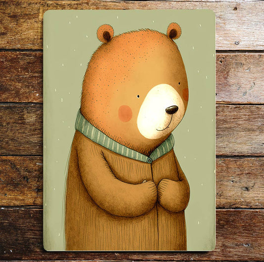 Cute Big Bear Brown Jacket | Metal Sign Plaque