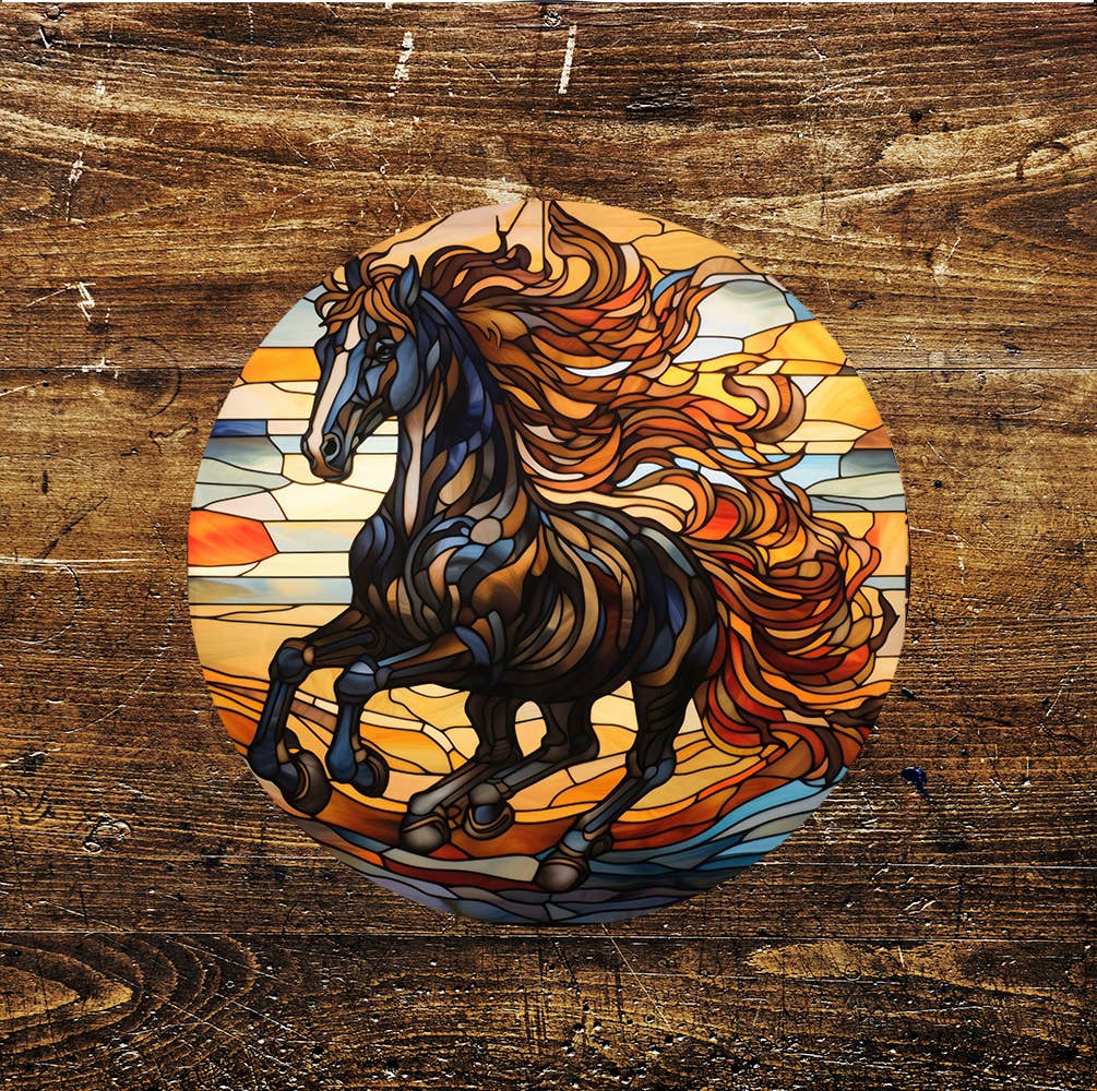 Horse Orange Mane Stained Glass Affect Circle Metal Sign