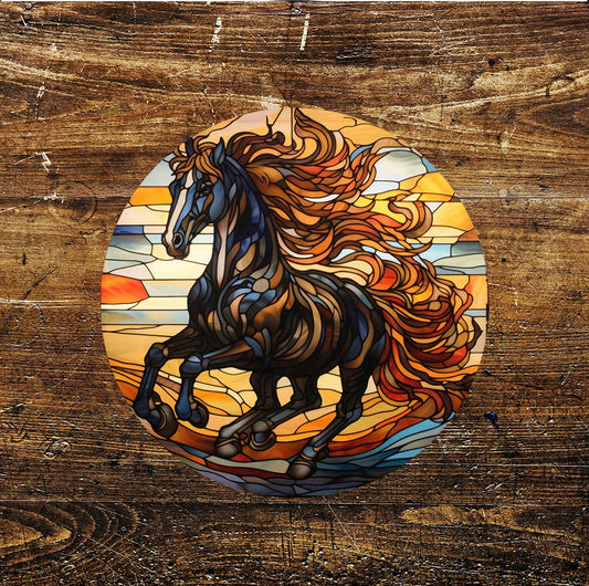 Horse Orange Mane Stained Glass Affect Circle Metal Sign