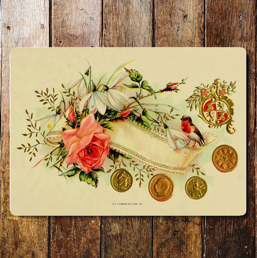 Roses Coins Family Crest Ribbon Flowers Metal Sign Plaque