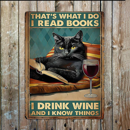 i Drink Wine Read Books Know Things Cat | Metal Sign Plaque