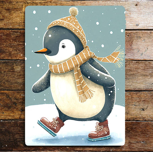 skating penguin scarf hat Metal Sign Plaque