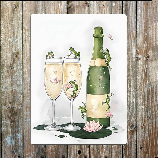 Frogs Frolicking in Champagne Glasses Metal Sign Plaque