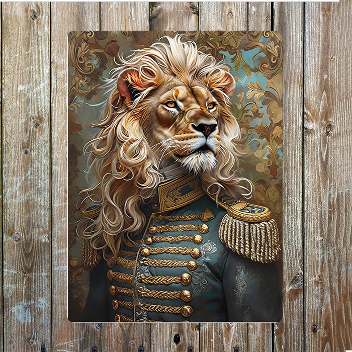 Regal Lion In Elaborate Military Uniform Metal Sign Plaque