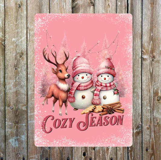 Cosy Season Pink Snowman Christmas | Metal Sign Plaque