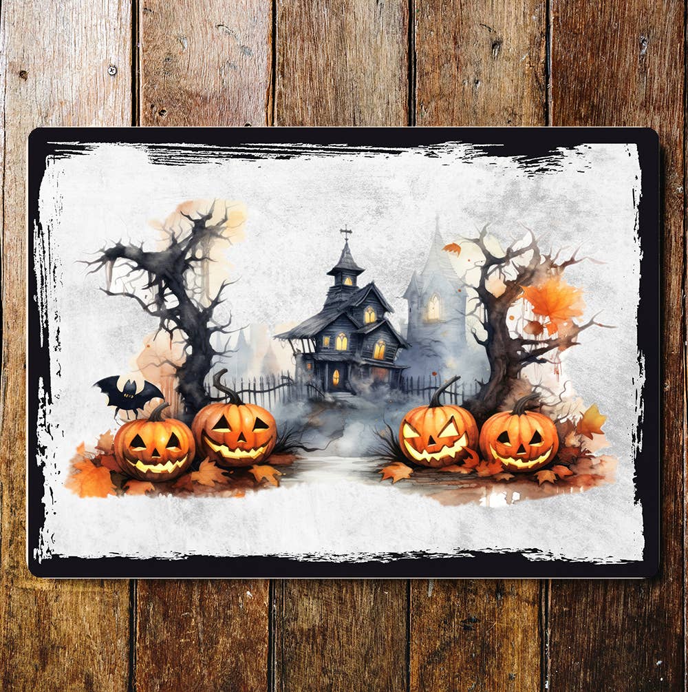 Happy Halloween Pumpkins House Art | Metal Sign Plaque