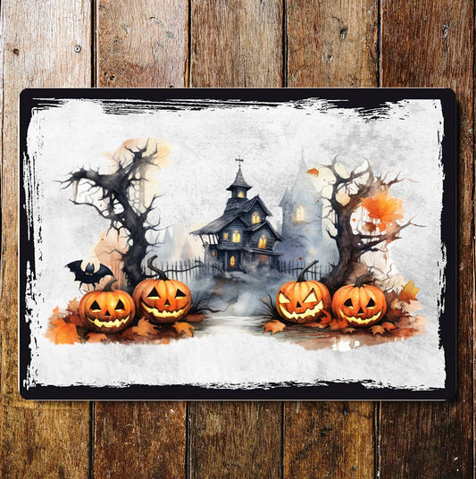 Happy Halloween Pumpkins House Art | Metal Sign Plaque