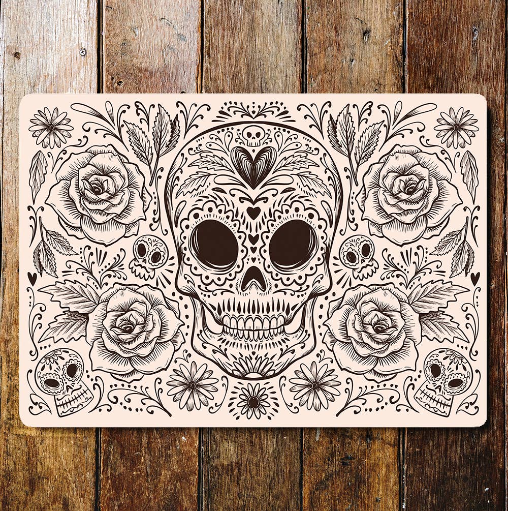 Skull Flowers Black And White Roses Metal Wall Sign