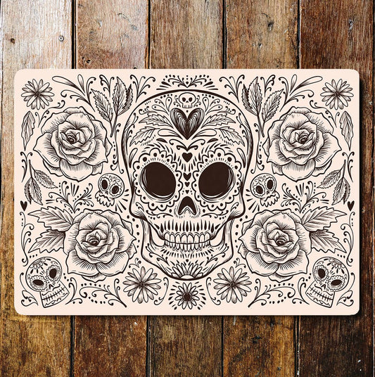 Skull Flowers Black And White Roses Metal Wall Sign