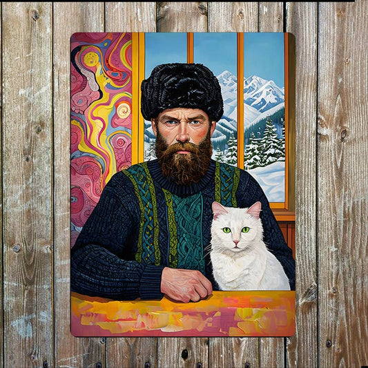 Bearded Man Sitting Table White Cat Folk | Metal Sign Plaque
