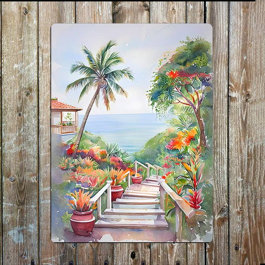 Tropical Garden Sea Ocean | Watercolour | Metal Sign Plaque