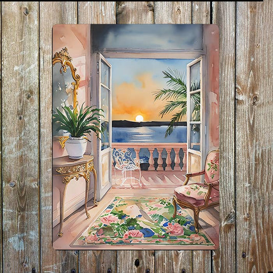 Vibrant Sunset Balcony | Watercolour | Metal Sign Plaque
