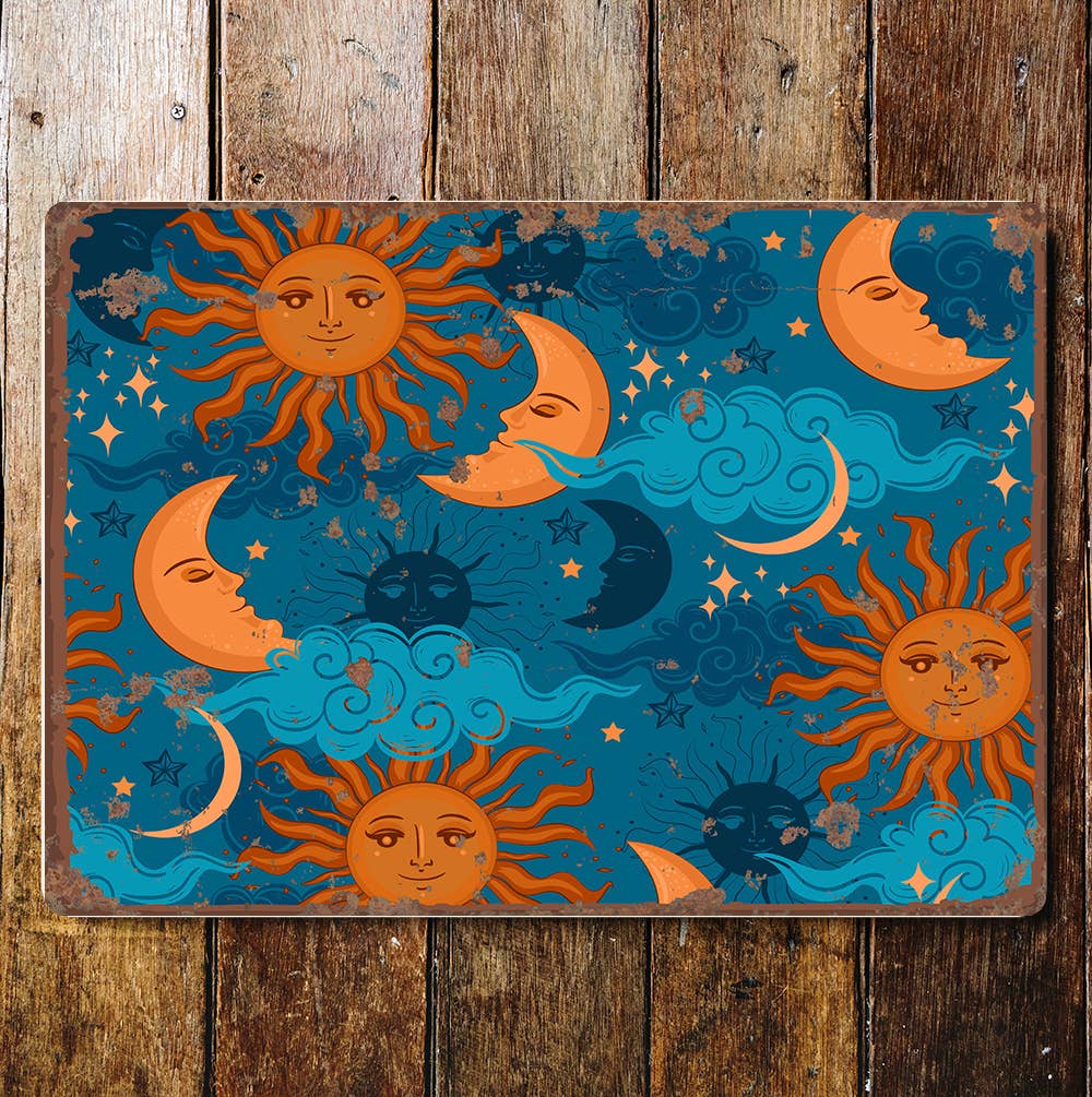sun moon sky pattern stars clouds Metal Wall Sign Plaque