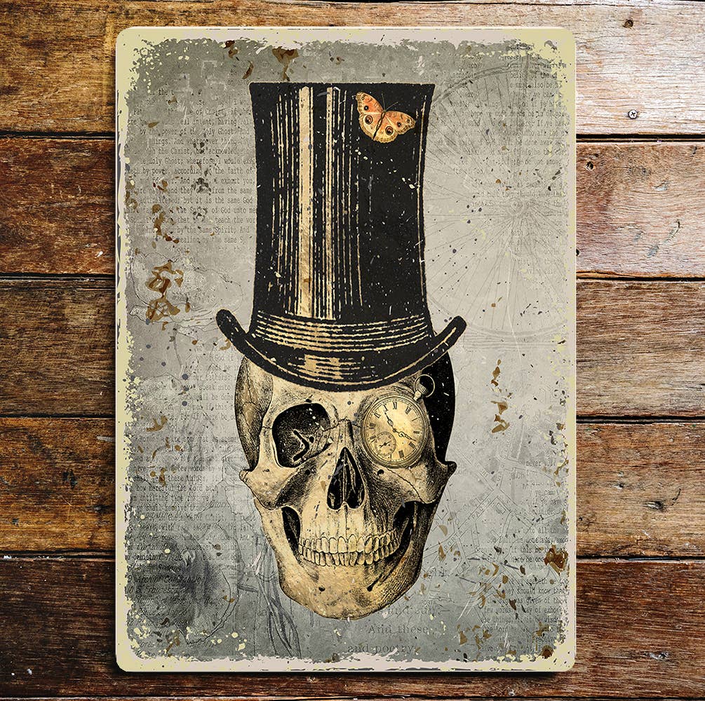 Skull Top Hat Pocket Watch Eye Butterfly Metal Sign Plaque