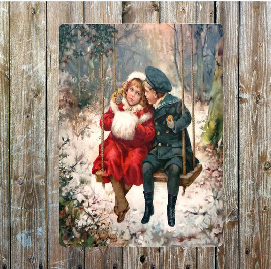 Christmas Children Swing snow Scene | Metal Sign Plaque