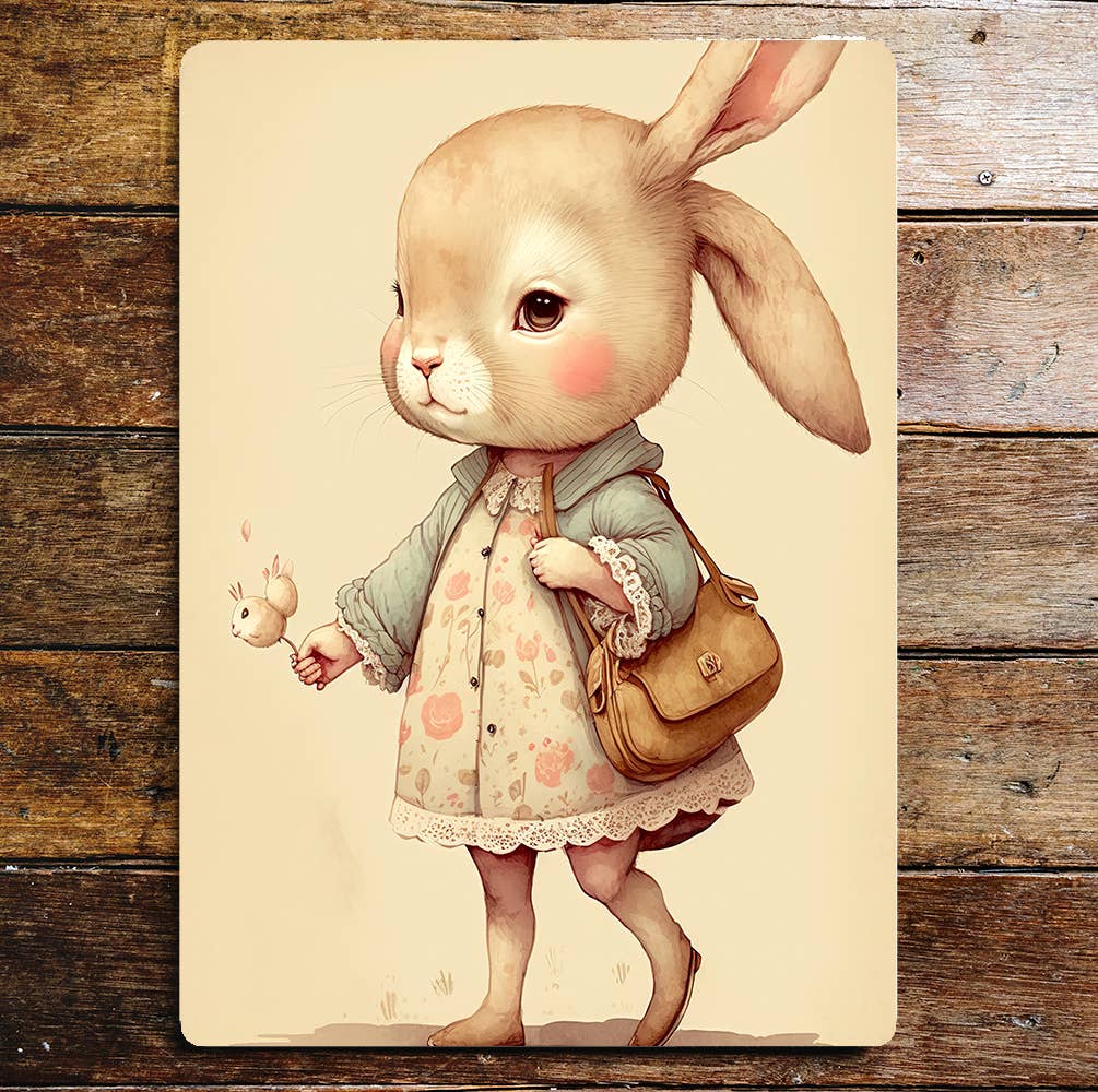 Cute Rabbit Girl Floral Dress Bag | Metal Sign Plaque