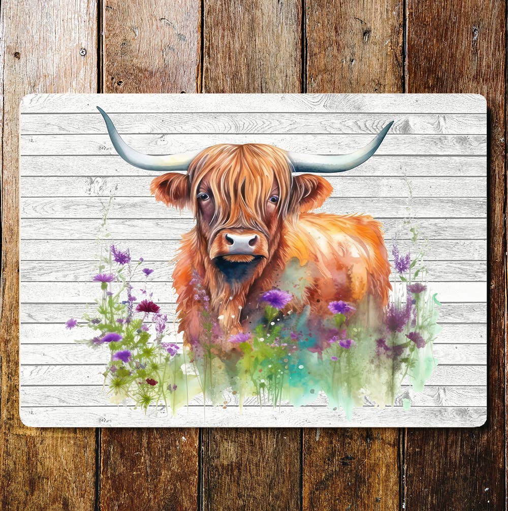 Mature Highland Cow Flowers Art | Metal Sign Plaque