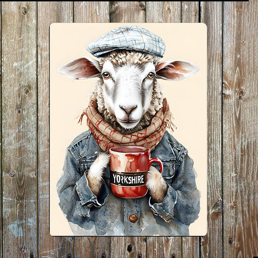 Sheep In Vintage Clothing Drinking Tea Metal Sign Plaque