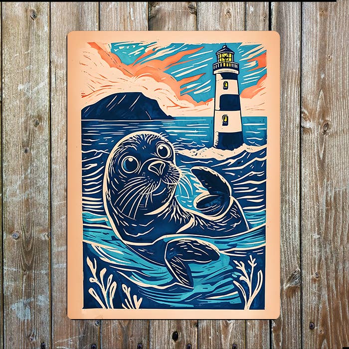Seal Linocut Style Ocean Sea Nautical Metal Sign Plaque