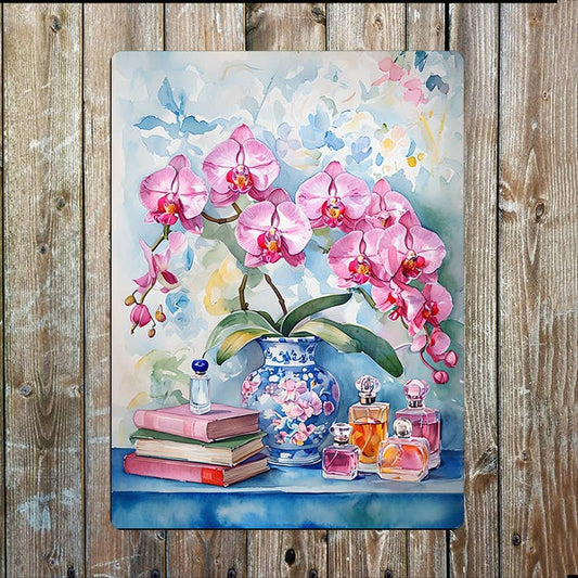 Pink Orchids Perfume Bottles Watercolour | Metal Sign Plaque
