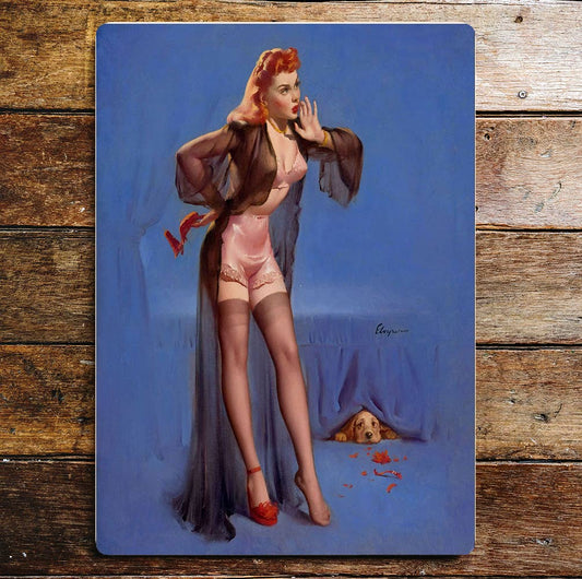 VINTAGE PINUP GIRL Dog hiding | Metal Wall Sign Plaque