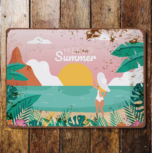 hello summer beach sun | Metal Wall Sign Plaque