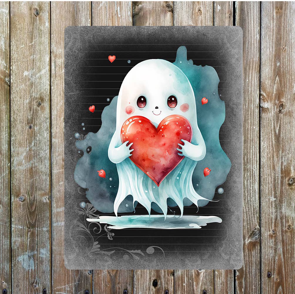 Cute Ghost Holding Heart Valentines | Metal Sign Plaque