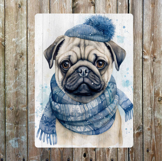 Christmas Pug in Blue Santa Hat | Metal Sign Plaque