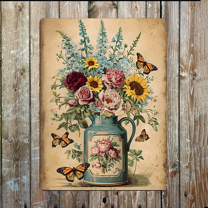 Vintage Blue Jug With Vibrant Flowers | Metal Sign Plaque