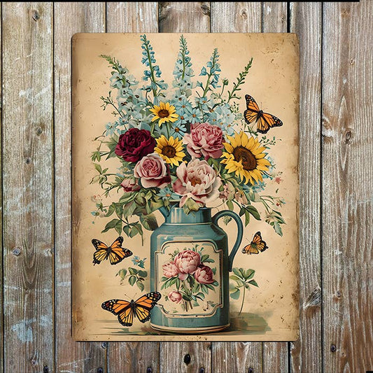 Vintage Blue Jug With Vibrant Flowers | Metal Sign Plaque
