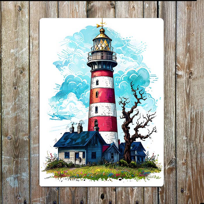 Lighthouse Illustration Sea Nautical | Metal Sign Plaque