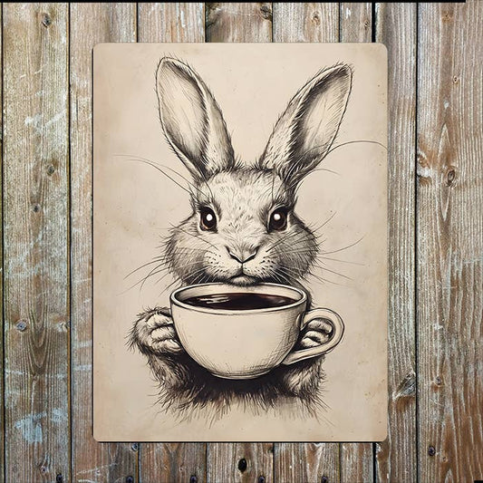 Rabbit Illustration Enjoying Coffee | Metal Sign Plaque