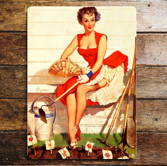 Pin Up Girl In Garden Metal Personalised Art Wall Sign