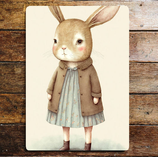 Cute Rabbit Girl Blue Dress Coat | Metal Sign Plaque