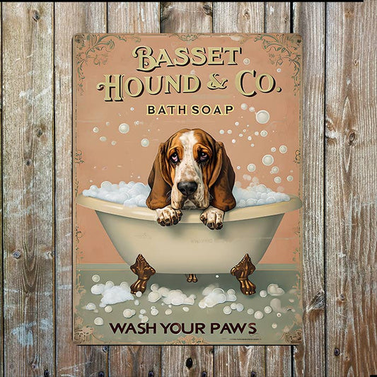 Basset Hound Dog Wash Your Paws Bathroom | Metal Sign Plaque